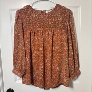 She+Sky Women's Long Sheer Sleeve Flowy Boho Floral Rust Top Size S